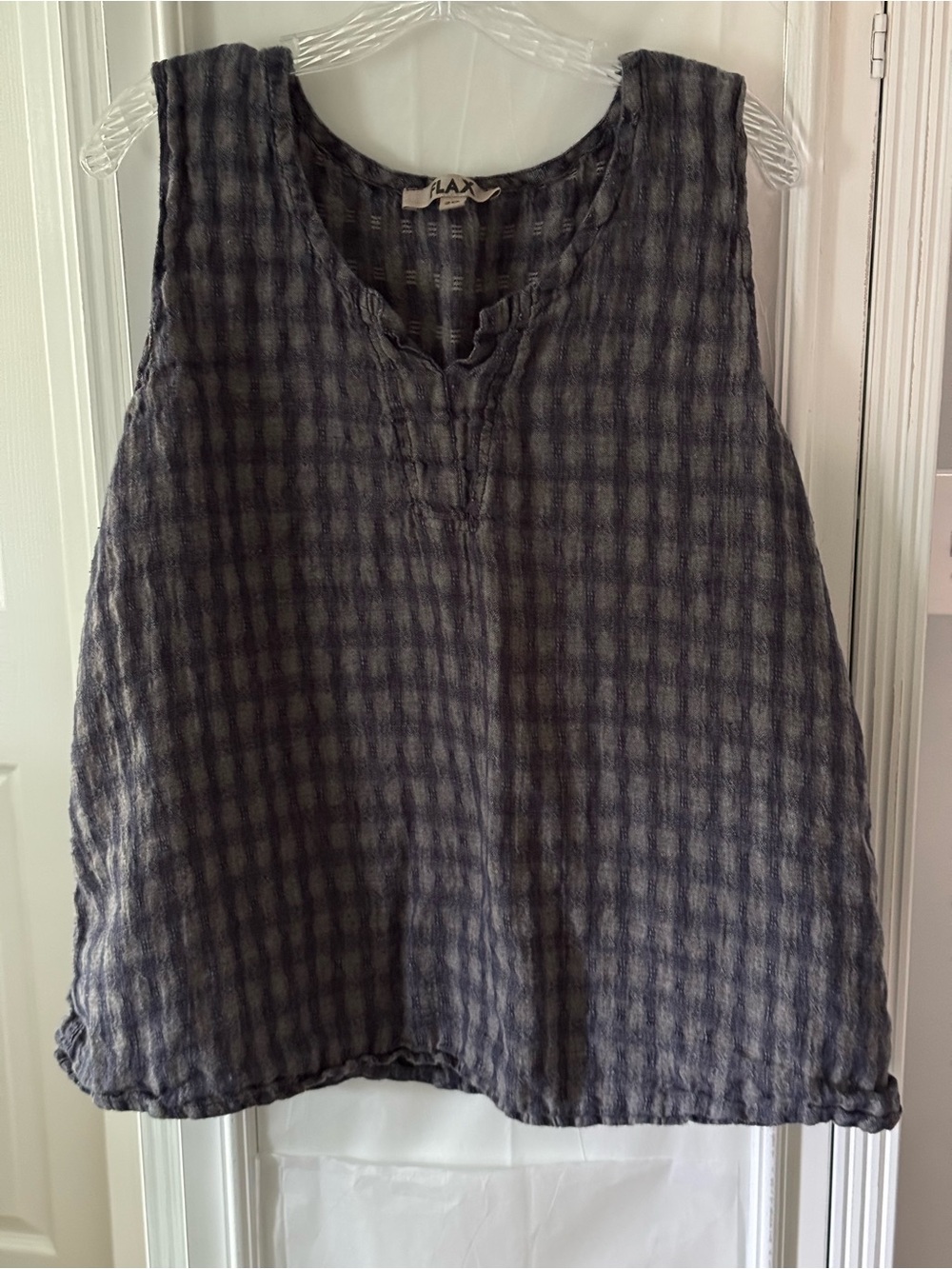 Flax Charcoal Checked V-Neck Linen Sleeveless A-Line Tank Top
